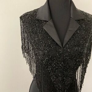 Elegant Black Beaded Cape with Fringe